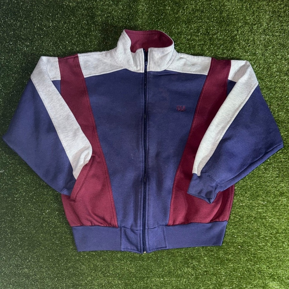 Vintage USA Olympic Track Jacket JCPenney Navy Blue Red Gray Full Zip Medium 90s